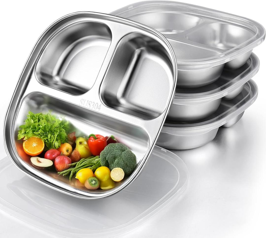 Palksky Stainless Steel Kids Plates, Balanced Bites Divided Plates for Toddlers, Portion Control Plate, Metal Lunch Tray Dishes, Non Toxic & 100% BPA Free, Dishwasher Safe, Set of 4
