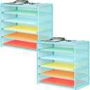 2 Pack 6 Tier Paper Organizer, Metal Mesh Desk File Folder, Letter Tray Organizer, Paper Sorter Desk Organizers for Office, Home or School File Folder Holder - Blue