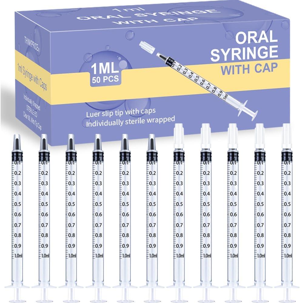 50 Pcs 1ml Syringes with Caps Oral Dispenser Individually Sterile Wrapped for Medicine Dropper, Colostrum Collect Feeding Pets, Liquid