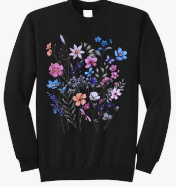 Vintage Flowers Women Wildflower Graphic Floral Gardening Sweatshirt, Adult Unisex, Royal Black, XL
