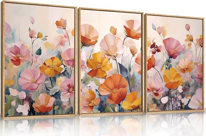 Nature Pink Floral Framed Canvas Wall Art Set,Boho Colorful Wildflowers Botanical Wall Decor, Modern Aesthetic Bohemian Flowers Art Print for Living Room,Bedroom-24 x36 x3