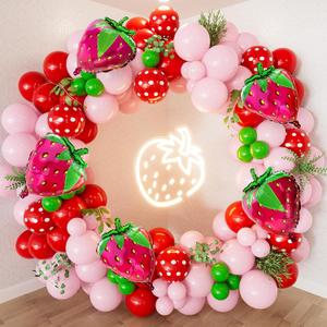 Strawberry Balloon Arch Garland Kit,130Pcs Pink Red Balloons with Large Strawberry Foil Balloon, Red Polka Dot, Green Balloon for Girl Berry First/Sweet One Birthday Party Decoration