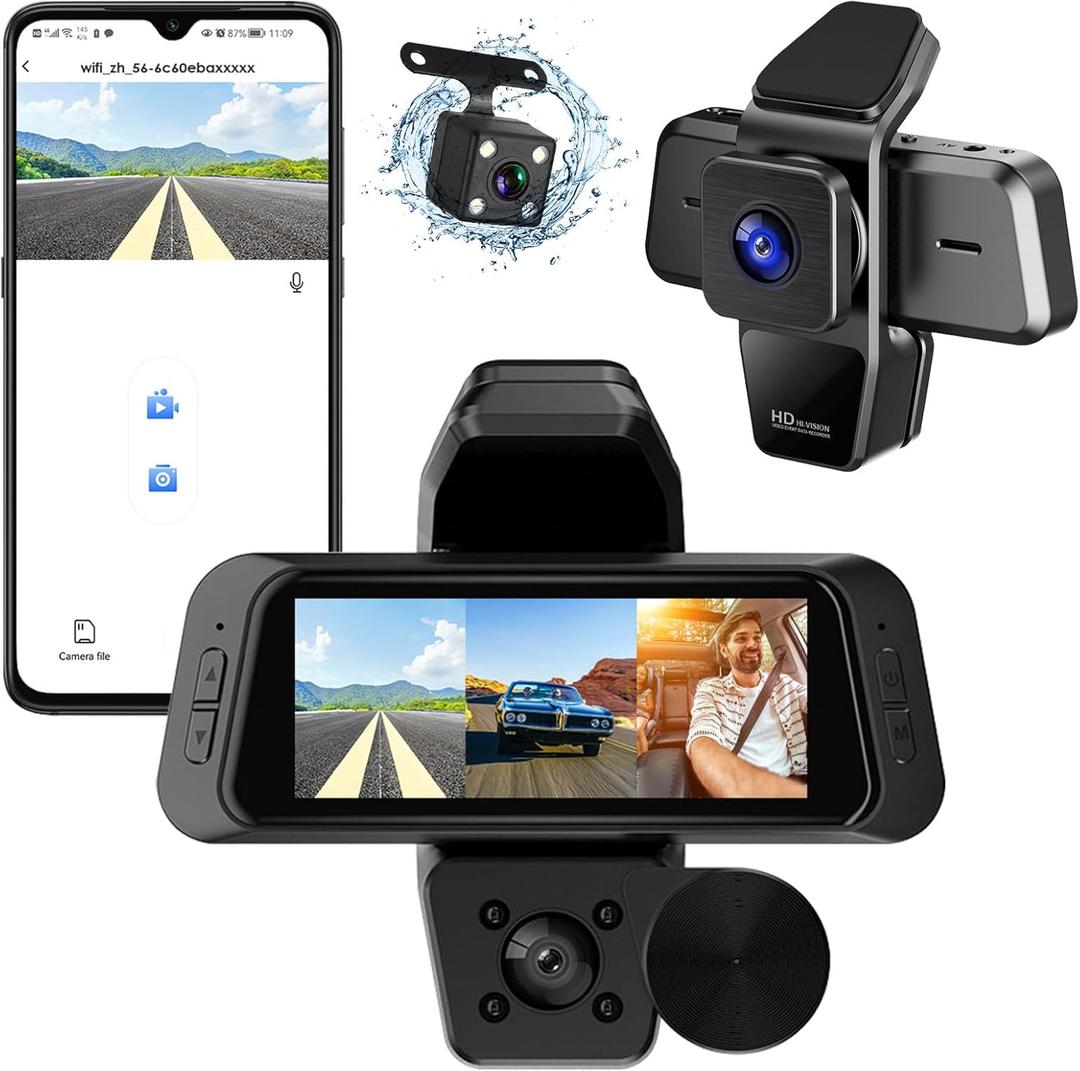 3 Channel WiFi Dash Camera Front and Rear Inside,1080P HD Dash Cam,3.16"IPS Screen Dashboard Camera Recorder with App Control,Night Vision,G-Sensor,Motion Detection,WDR,Parking Monitor,Loop Recording