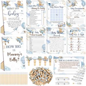 Funnymoom 426 Pcs Airplane Baby Shower Games Set-8 Games Includes Baby Shower Bingo Price is Right Guess Who Word Scramble Prediction and Advice How Big is Mommy's Belly Don't Say the Words