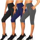 CTHH 3 Pack Capri Pants with Pockets - High Waisted Knee Length Yoga Leggings, Workout Biker Shorts for Women Running Summer (Small-Medium, Black/Gray/Navy)