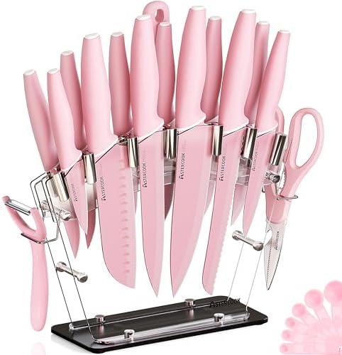 Astercook Knife Set with Block and Sharpener, 22 Piece Kitchen Knife Set Dishwasher Safe, Space-Saving Clear Knife Block with Knives for Everyday Home Cooking Pink