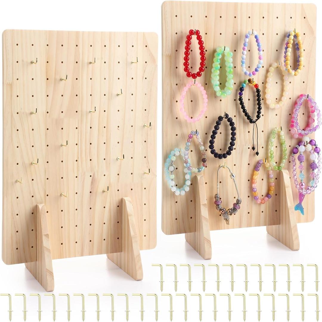 2 Pack Wooden Pegboard Display Stand for Keychain 16" x 12" Jewelry Rectangle Peg Board Tabletop Rack Organizer with 50 Hooks for Necklaces, Earrings, Craft Shows, Vendor Display(Wood)