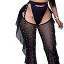 OLUOLIN Women Beading Pearl See Through Sheer Mesh 2 Pieces Outfits Jumpsuits Crop Top and Hollow Out Ruffle Long Pants M