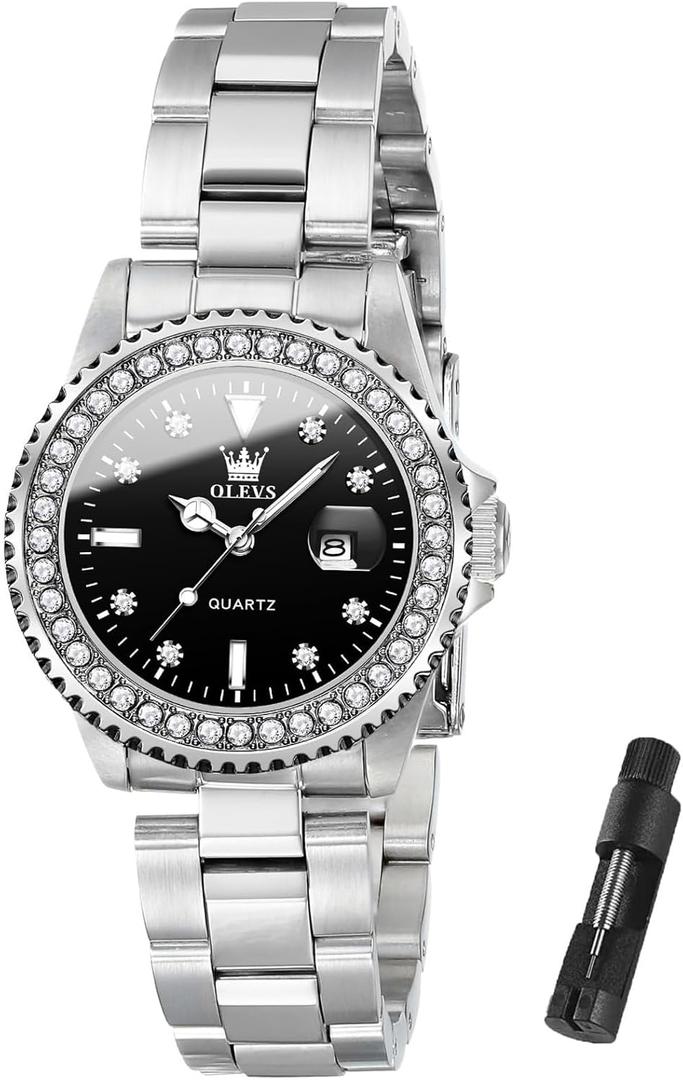 OLEVS Womens Watch Elegant Dress Diamond Analog Quartz Watch Two Tone Stainless Steel Waterproof Luminous Wristwatch (9945 Sliver Band/Black Face)