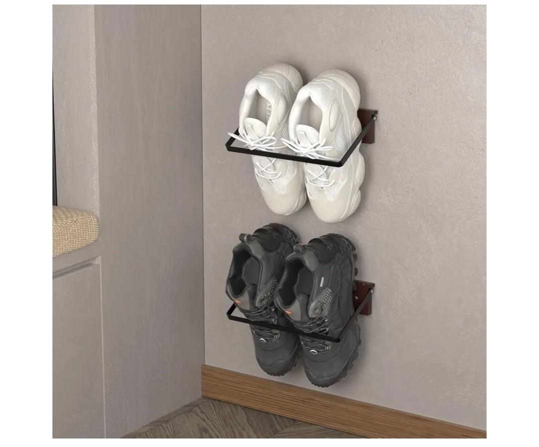 2-Pack Wall Mounted Shoe Rack, Wooden & Metal Foldable Shoe Rack - Space Saving Wall Shoe Holder for Entryway, RV, Camper, Closet, Apartment, Fits Various Shoes-Brown