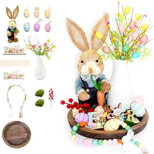[Tray Included] 16 Pcs Easter Day Decor Set, Bunny Figurine Artificial Spring Flowers Eggs Ornaments Bead Garland Table Decorations with Tray, Rustic Farmhouse Centerpiece for Table Home, Blue