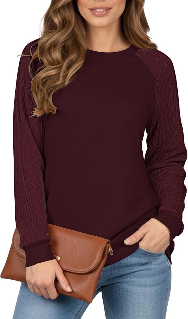 Buauty Womens Sweatshirts Crewneck Cable Knit Sleeve Pullover Sweaters Lightweight Fall Fashion Casual Tunic Tops (X-Large, Wine)