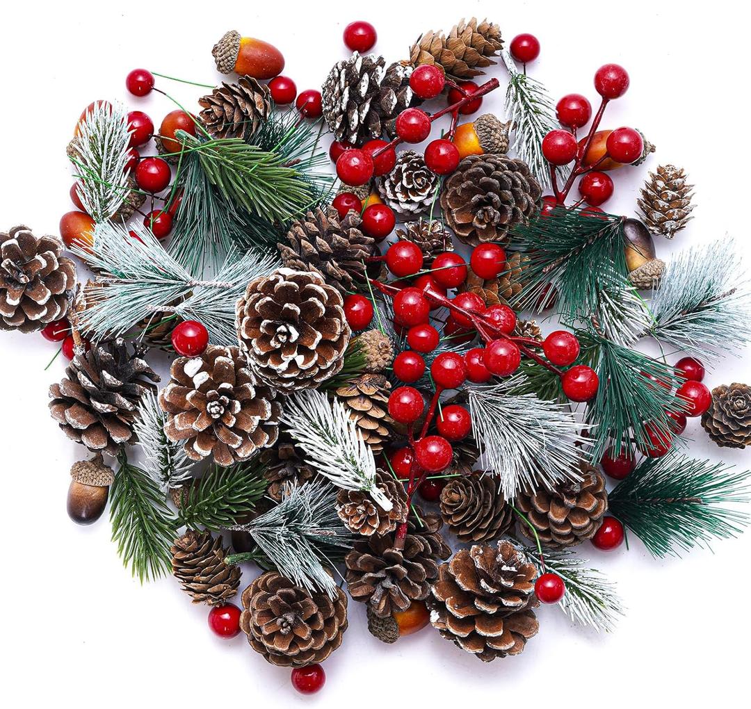 120pcs Artificial Pine Cones Pine Branch Set Fake Natural Pinecones Acorns Red Berries Christmas Decor Ornaments for Home Winter Decorations