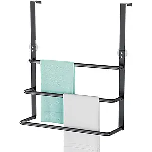 Over The Door Towel Rack, 304 Stainless Steel Towel Rack, 3 Tier Towel Bar for Hanging Towels, 16 Inch Over Door Towel Storage Holder for Bathroom, Matte Black