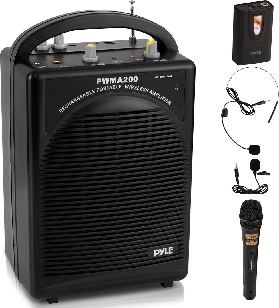 Pyle Portable PA Speaker & Microphone System - FM Stereo Radio, Built-in Rechargeable Battery, Aux & Microphone Inputs, Includes Beltpack, Hand-held Headset & Lavalier Mics - Black