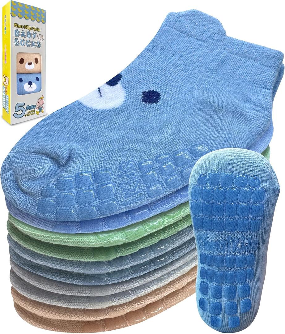 Simply Kids Baby Non-Slip Ankle Socks (9 Pairs)  Superior Grip, Soft Cotton, for Active Toddler Girls & Boys (Ages 0-7) (1-3T, Pastel Animal - 5 Pairs)