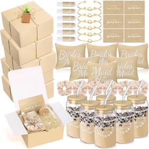 54 Pcs Bridesmaid Proposal Gifts Will You Be My Bridesmaid Set Include Gift Box Makeup Bag Invited Card Glass Cup Lip Balm Scrunchie Hair Knotted Bracelet for Maid of Honor(Beige)