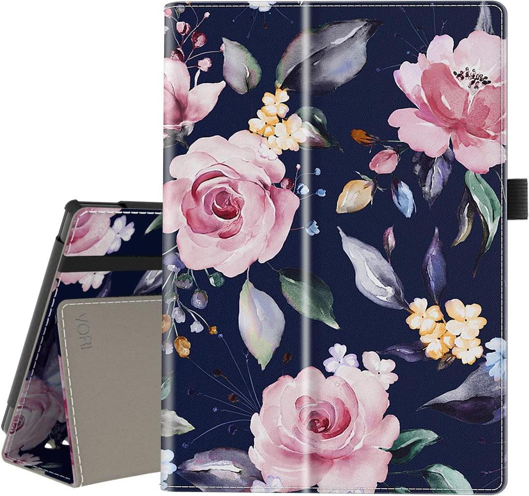 VORI Case for All-New Amazon Fire 7 Tablet (Only fit 12th Generation, 2022 Release), Slim Vegan Leather Folio Stand Smart Cover with Hand Strap and Auto Wake/Sleep for Kindle Fire 7”, Flower Rose
