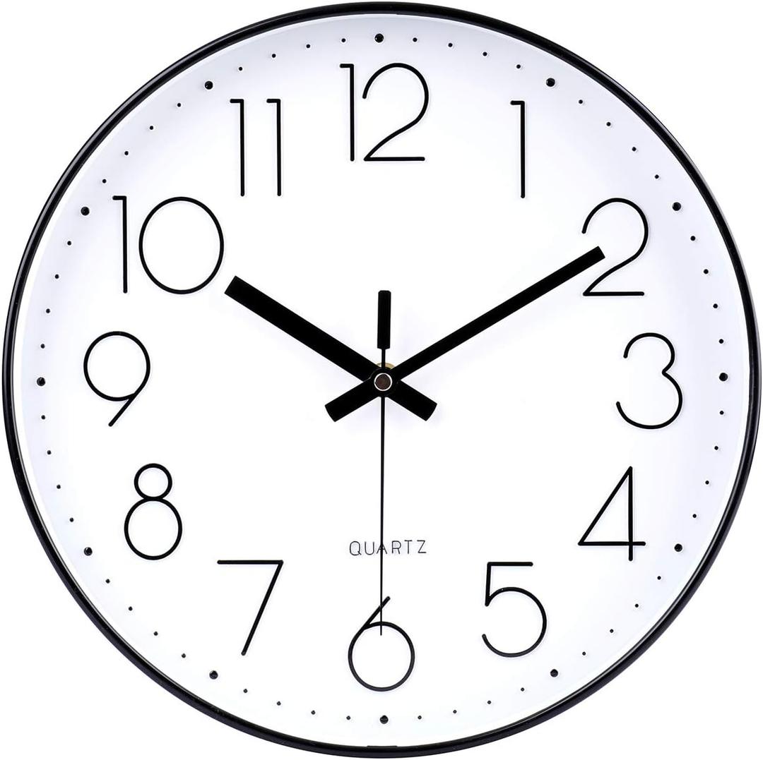 jomparis 12 Inch Wall Clock Silent Non Ticking Battery Operated Quartz Modern Decorative Round Wall Clock for Office Classroom School (Black)