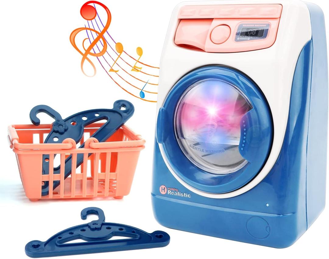 deAO Washing Machine Toy for Kids Dollhouse Furniture Pretend Play Household Appliance Realistic Sounds with Lights Laundry Play Set with Rotatable Roller for Children Birthday Present