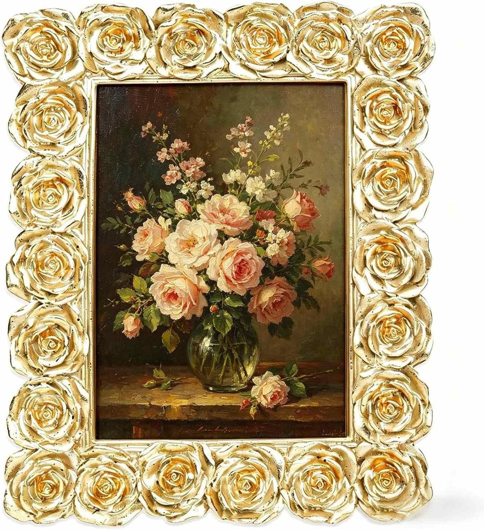 5x7 Picture Frames, Vintage Photo Frame with Glass Front, Rose Ornate Antique Picture Frame for Tabletop Wall Hanging, Resin Pictures Display Frame for Home Decor