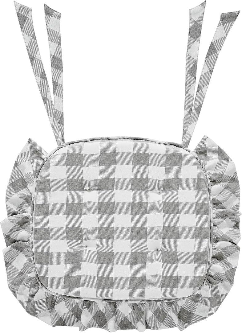 VHC Brands Farmhouse Country Annie Buffalo Check Grey Ruffled Chair Pad with Fabric Ties 16.5x18, 1 Pack