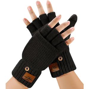 Winter Fingerless Gloves for Men Women - Mittens Finger Wool Gloves with Flip,Warm Half Finger Knitted Cold Weather (Black)