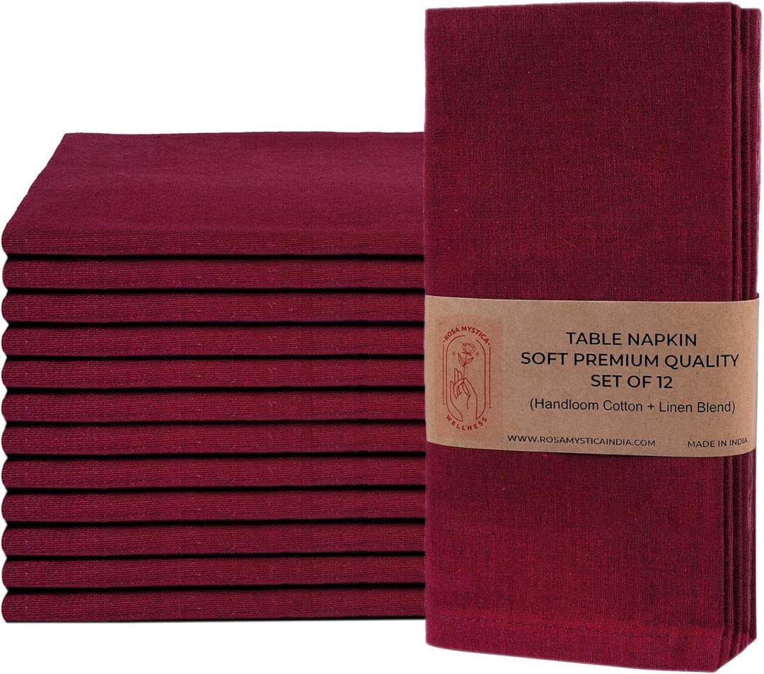 Rosa Mystica Cloth Napkins 18x18 Inches, 85% Cotton 15% Linen Dinner Napkins with Hemmed Edges, Washable Napkins Ideal for Parties, Weddings and Dinners (Maroon, Pack of 12)