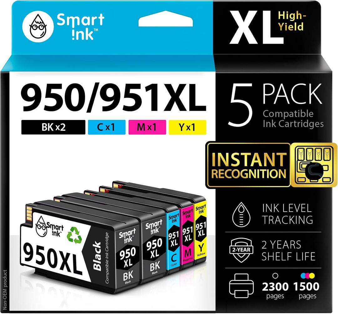 Smart Ink Compatible Ink Cartridges Replacement for HP 950XL 951XL 950 XL 951 XL 5 Pack Combo (2 Black & 1 Cyan 1 Magenta 1 Yellow) for HP Printer Officejet Pro 8600 plus 8610 8620 8100 8625 8630 8615