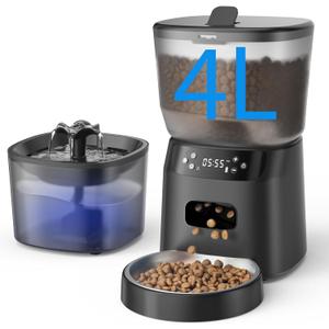 Automatic Cat Feeder and Water Fountain, 4L/16 Cups Timed Cat Dry Food Dispenser, 10s Meal Call, 20 Portions 6 Meals Per Day, 2L Cats Fountains for Drinking with Filter, Pet Feeder for Dog