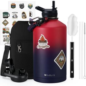 WixByti One Gallon Water Bottle Insulated, Triple Wall Vacuum Cold for 48 Hrs & Leak-proof & Non-BPA, 128oz Christmas Stainless Steel Gifts Water Jug with Paracord Handle Straw Spout Lids