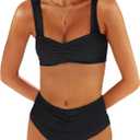 ANRABESS Bathing Suit for Women Tummy Control Bikini Set 2025 Beach Front Ruched Mid Waist Swimsuit with Adjustable Straps (Large, Black)