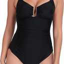 Itzel Women's Ruched Twist Front One Piece Swimsuit Tummy Control Push Up Vintage Retro Bathing Suits (Black)