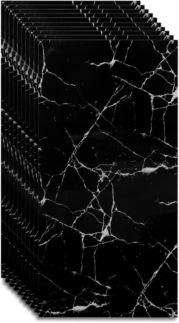 Peel and Stick Backsplash Marble Tiles for Kitchen Bathroom, 10 Pieces 23.6" x 11.8" PVC Waterproof Wall Backsplash Tiles, Bathroom Wall Marble Tile Stickers (Black Marble)