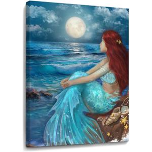 SDYA Girl Wall Decorations Blue Ocean Wall Art Bedroom Decor for Women Moon Night Wall Painting Shell Canvas Prints Size 12"x 16"