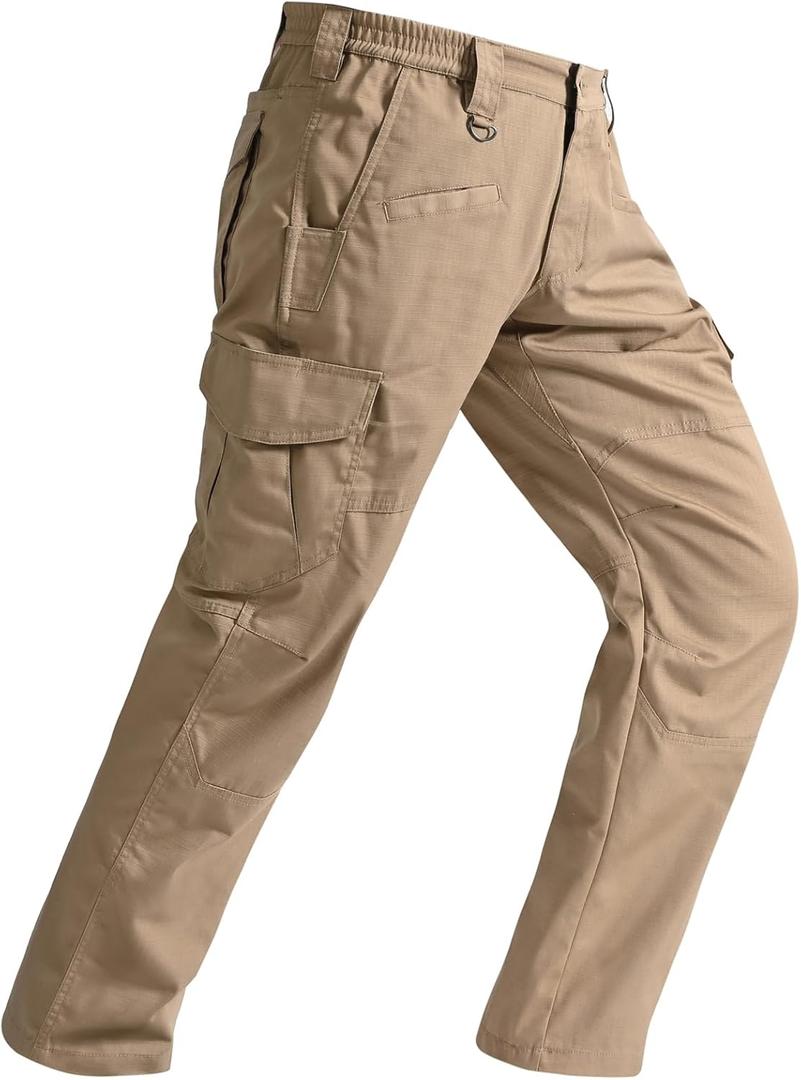 SPOSULEI Mens Tactical Pants Ripstop Cargo Work Pants with 9 Pockets Water Resistant Breathable Hiking Construction Pants (38W x 34L, Dark Khaki)