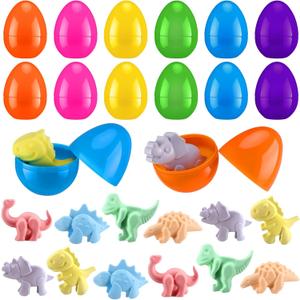 RoundFunny 24 Pcs Dinosaur Chalk with Easter Eggs Washable Sidewalk Dinosaur Chalk Plastic Surprise Eggs Goodie Bag Stuffers for Easter Hunt Basket Stuffers Outdoor Home Party Gift Favor