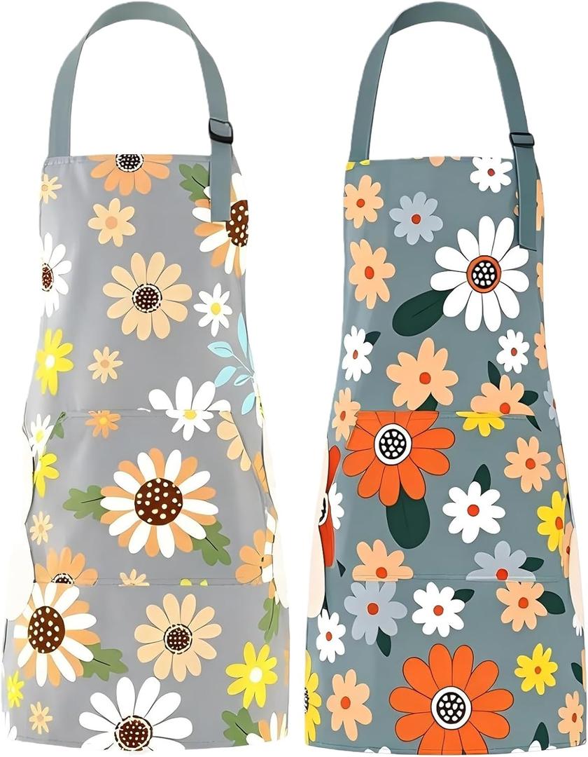 Floral Apron Kitchen Apron with Hand Wipe, Aprons for Women with pockets,Women's Kitchen Apron,Waterproof Aprons for Cooking Baking (2, Flower)