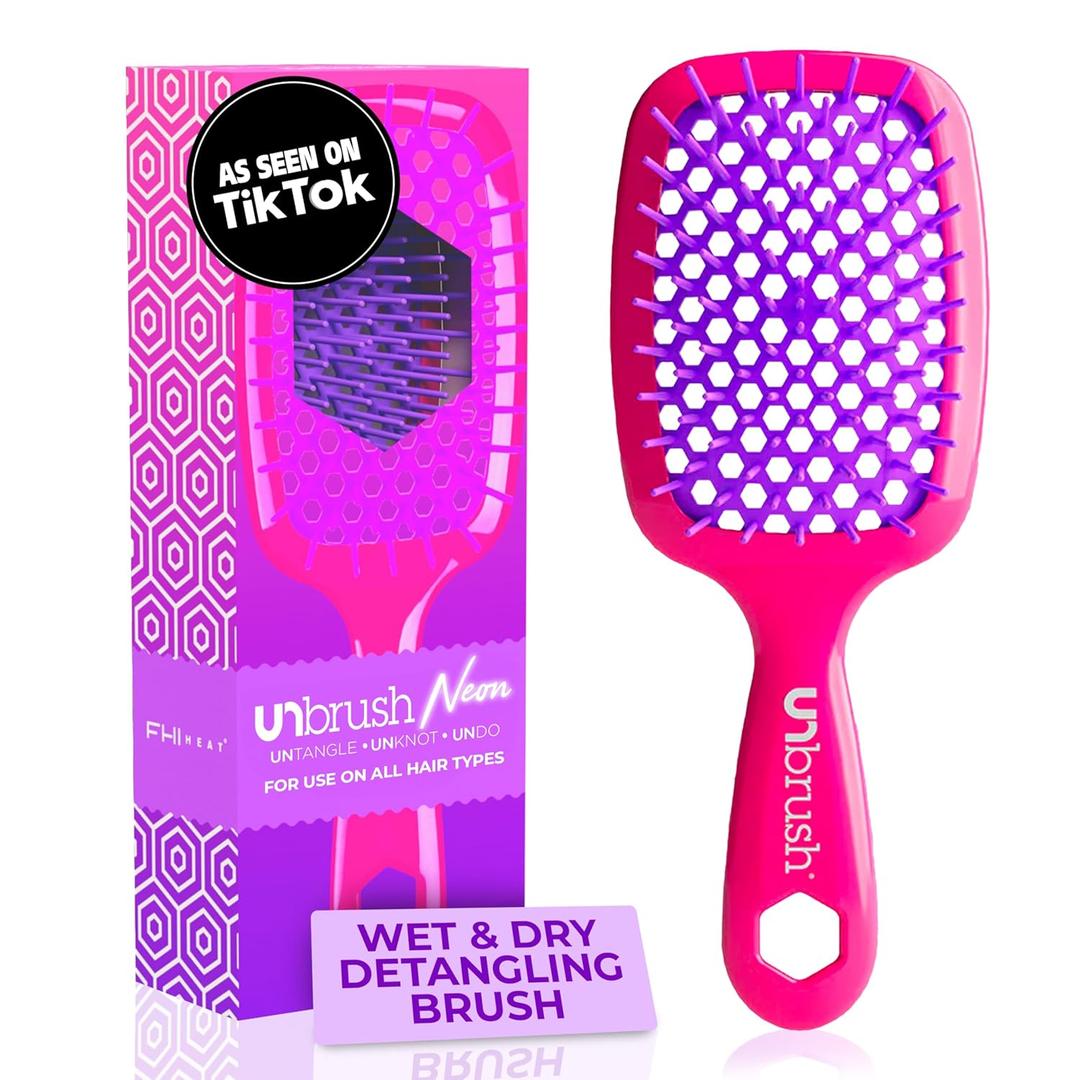 FHI Heat UNbrush Detangling Brush for Pain-Free Brushing on All Wet or Dry Hair Types  Durable DuoFlex Anti-Static Bristles, Lightweight Handle, Vented Hair Brush (1 Count (Pack of 1), Pink Burst)