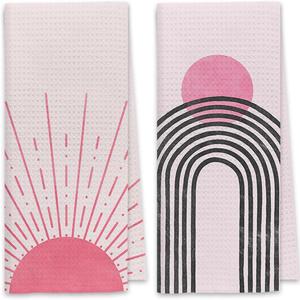 Dibor Boho Sun Line Rainbow Kitchen Towels Dish Towels Dishcloth,Boho Nature Landscape Decorative Absorbent Drying Cloth Hand Towels Tea Towels for Bathroom Kitchen(Set of 2) (Pink)