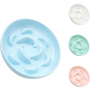 Ceramic Cat Slow Feeder Bowl - 6.3'' Wide Opening Whisker Friendly Cat Plate for Dry and Wet Food - Cute Maze Feeder Dish Helps Reduce Vomiting - Microwave and Dishwasher Safe - Blue