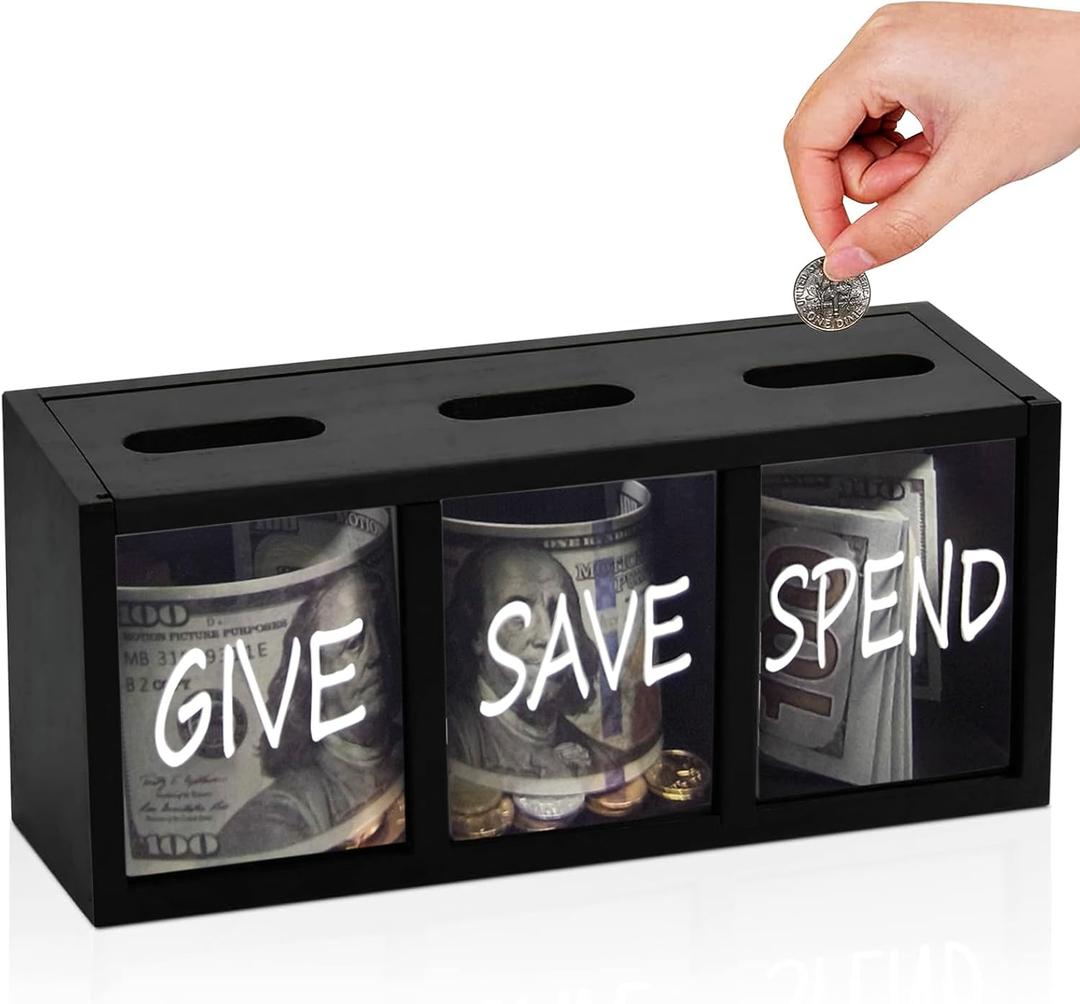 Spend Save Give Money Saving Box  Wooden Piggy Bank for Adults & Kids, Wall-Mount Small Money Box for Cash & Coins, Countertop Money Saver Coin Bank  Visualized Wooden Box for Learning to Save
