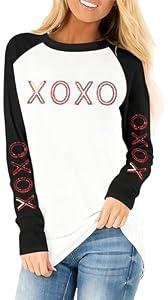 Valentines Shirts for Women Love Letter Print T Shirt Funny Sequin Valentine XOXO Graphic Long Sleeve Causal Tee Tops White, L