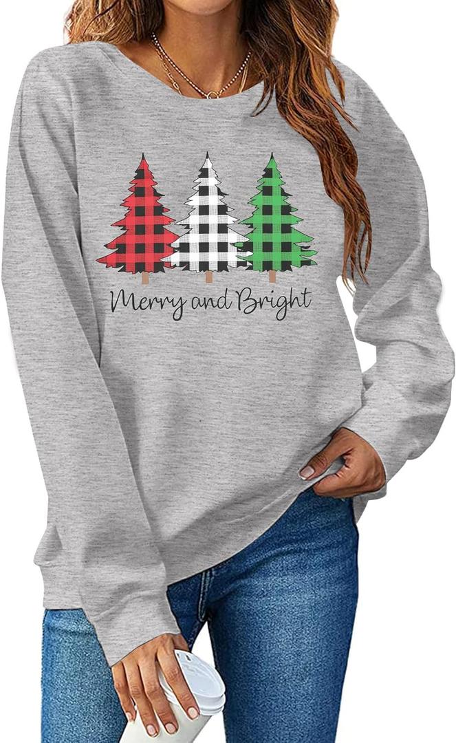 Merry and Bright Sweatshirts Women Funny Leopard Printed Plaid Christmas Trees Long Sleeve Shirt Xmas Graphic Pullover Tops (Silver)