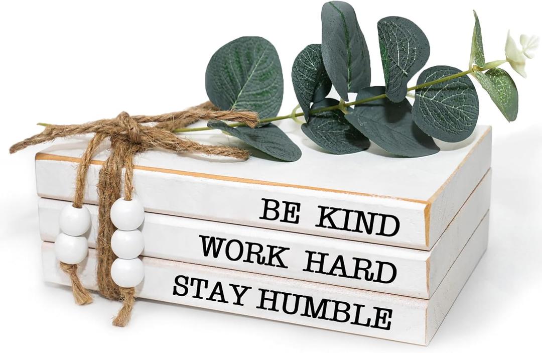 3 Pieces Wooden Decorative White Books, Rustic Farmhouse Faux Books for Coffee Table Shelves with Wood Bead Tassels and Leaves, 7'x 4.6'x 2.5' (Be Kind, Work Hard, Stay Humble)