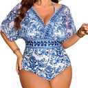 Floerns Women's Plus Size One Piece Swimsuit Floral Print Halter Tie Back Short Sleeve Beachwear (XL)