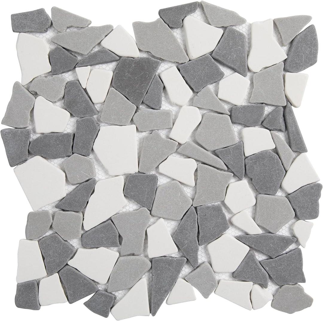 Pebble Tile for Shower Floor, Grey with White Geometric Pebble Mosaic Backsplash for Kitchen Bathroom Wall and Floor, 5 Sheets