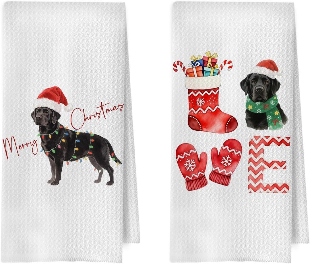 Christmas Black Lab Decor - Labrador Retriever Gifts Waffle Decorative Kitchen Towels, Christmas Black Lab Dish Towels, Labrador Gifts Hand Tea Towel, 16x24 Inches Set of 2