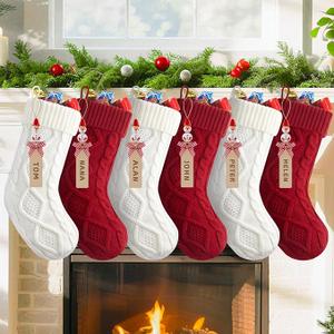 Minetom Personalized Christmas Stockings - 18” Large Knitted Xmas Stocking with DIY Snowman Wooden Name Tag, 6 Pack Hanging Family Stockings for Kids Mantels Christmas Holiday Decor, Red and White