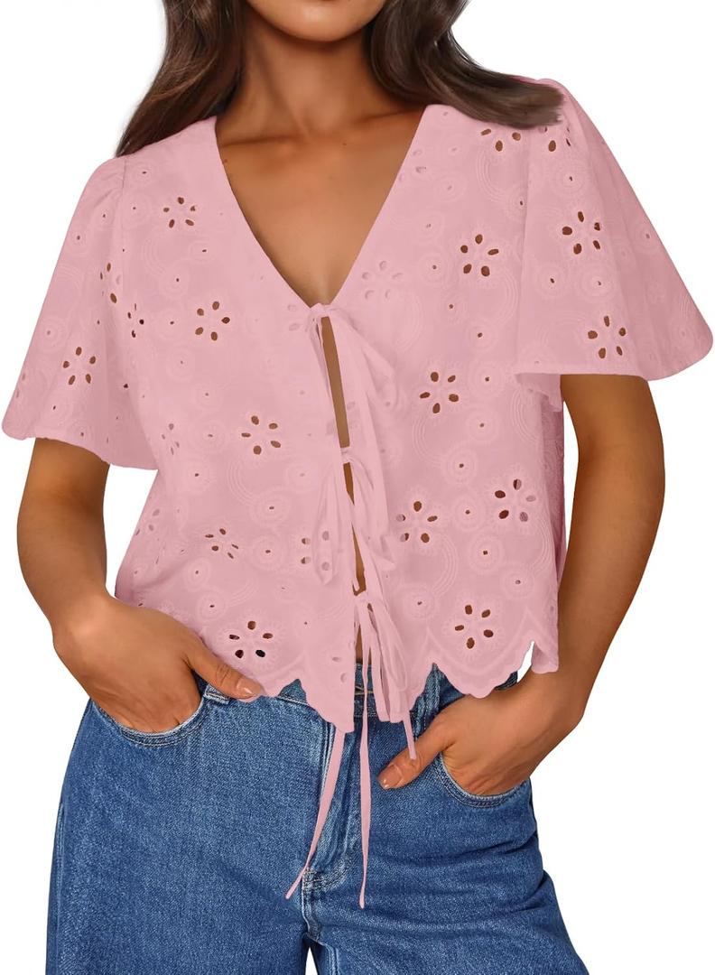 Trendy Queen Women's Tie Front Tops Summer Beach Vacation 2025 Fashion Outfits Loose Fit Blouses Eyelet Embroidered Clothes (X-Large, Pink) Trendy Queen Women's Tie Front Tops Summer Beach Vacation 2025 Fashion Outfits Loose Fit Blouses Eyelet Embroidered Clothes (X-Large, Pink)